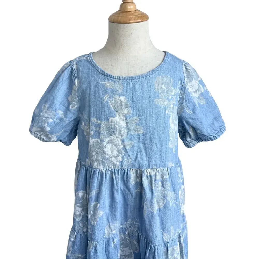 Old Navy Girls Chambray Floral Dress Blue Cottagecore Size S 6-7